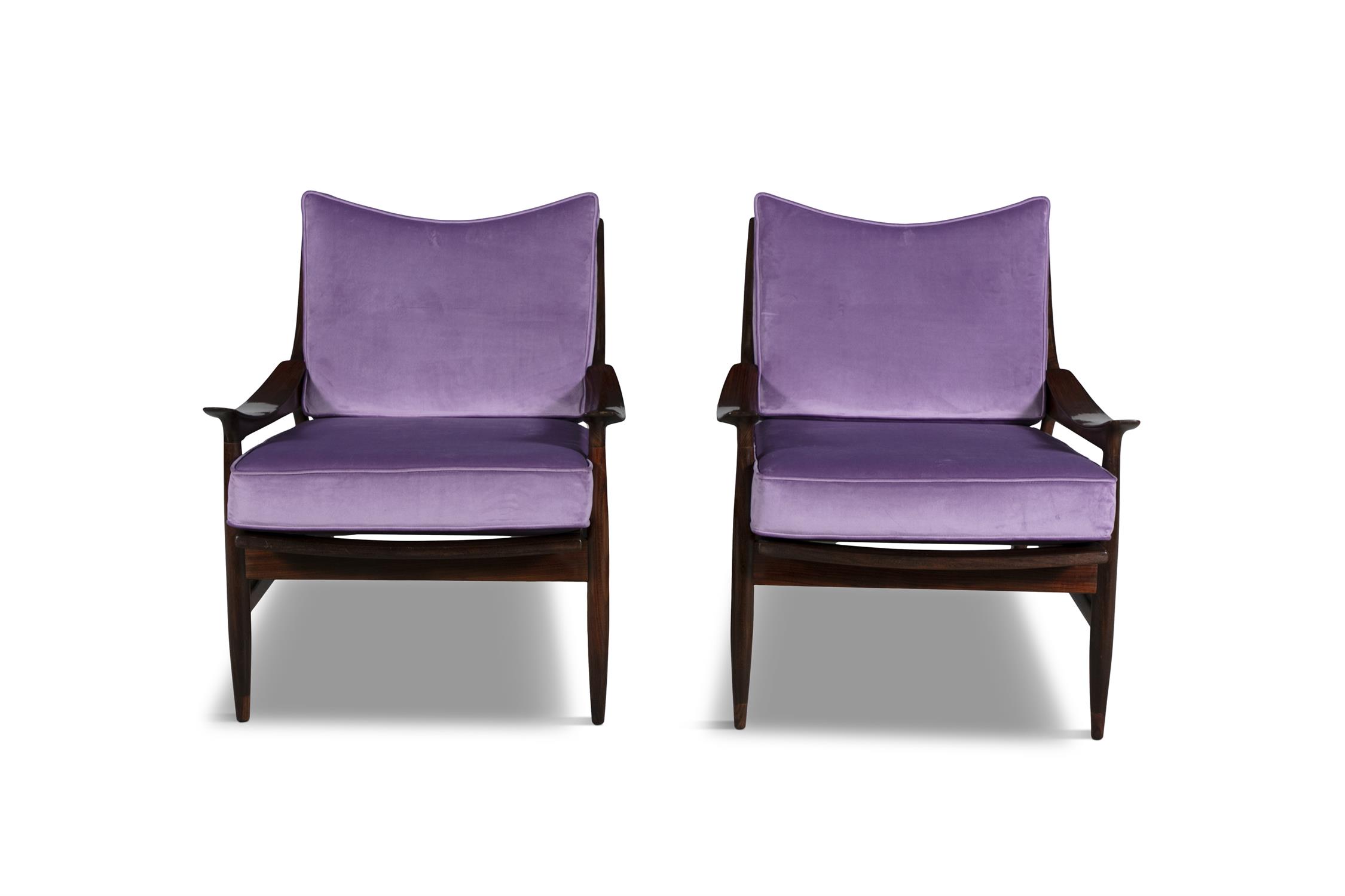 ARMCHAIRS A pair of rosewood armchairs, with loose purple velour seat and back, Italy c.1950. - Image 2 of 6