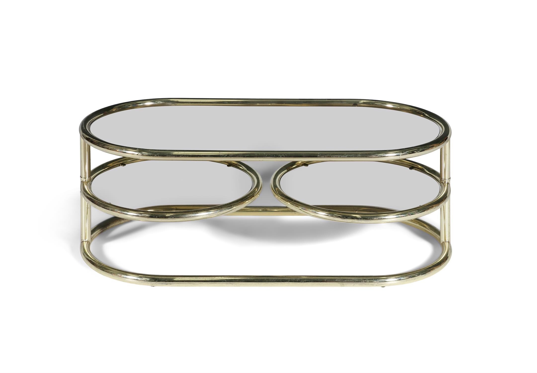 COFFEE TABLE A two tier brass coffee table, with smoked glass tops, the lower circular tops with - Image 3 of 4