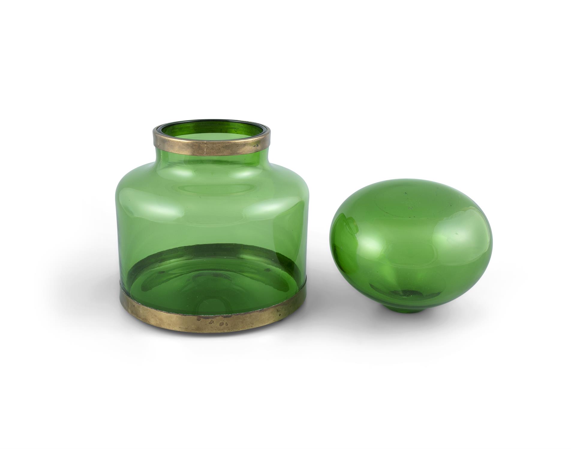 GLASS JAR A green glass jar with lid and brass detailing, Italy c.1960. 34 x 24 x 24cm - Image 2 of 2
