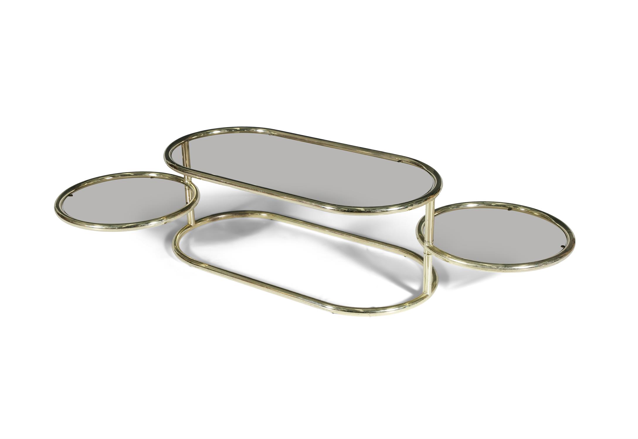 COFFEE TABLE A two tier brass coffee table, with smoked glass tops, the lower circular tops with - Image 2 of 4