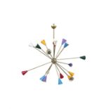 CEILING LIGHT A brass and enamel sputnik ceiling light with coloured enamel shades, Italy c.1960.