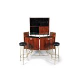 BAR SET A rosewood and brass bar set, complete with two stools and a curved glass top, Italy c.