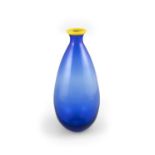 VASE A blue glass vase with a yellow rim, Italy c.1980. 36cm (h)