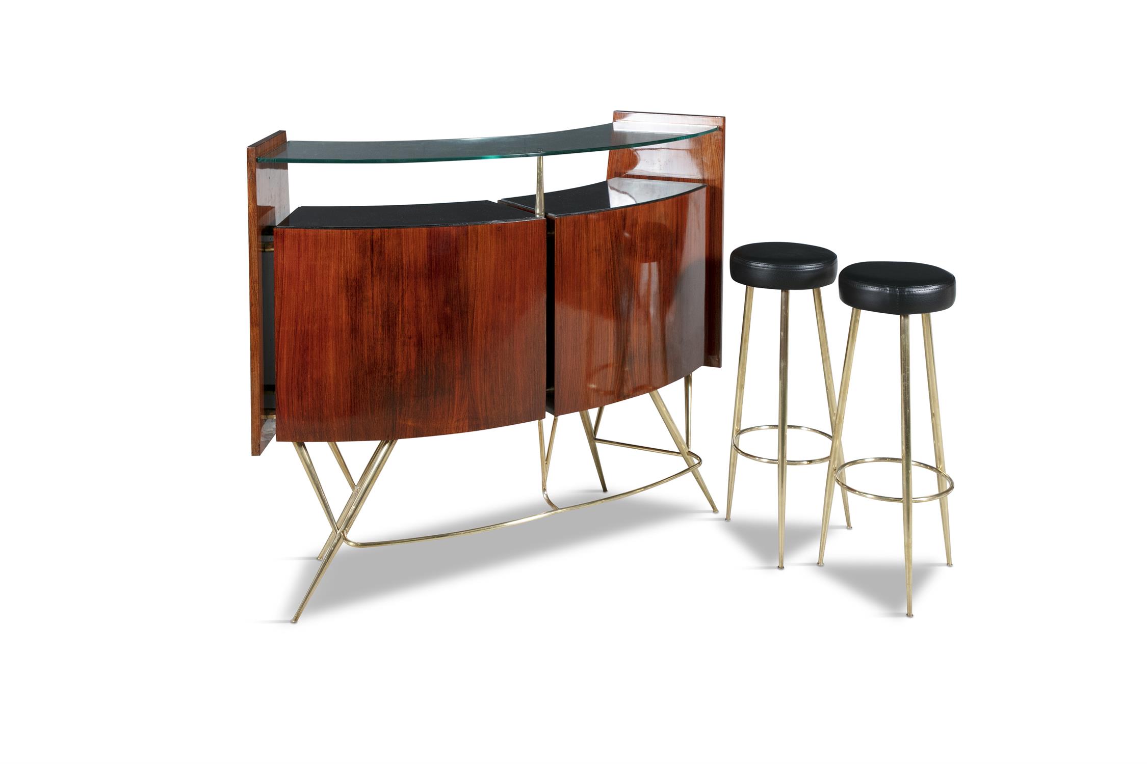 BAR SET A rosewood and brass bar set, complete with two stools and a curved glass top, Italy c. - Image 5 of 14