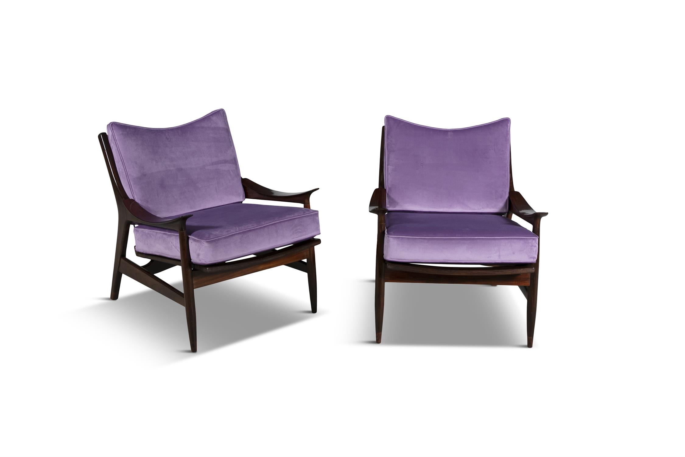 ARMCHAIRS A pair of rosewood armchairs, with loose purple velour seat and back, Italy c.1950. - Image 3 of 6