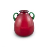 VASE A red glass vase, with green handles, Italy c.1980. 24cm (h)