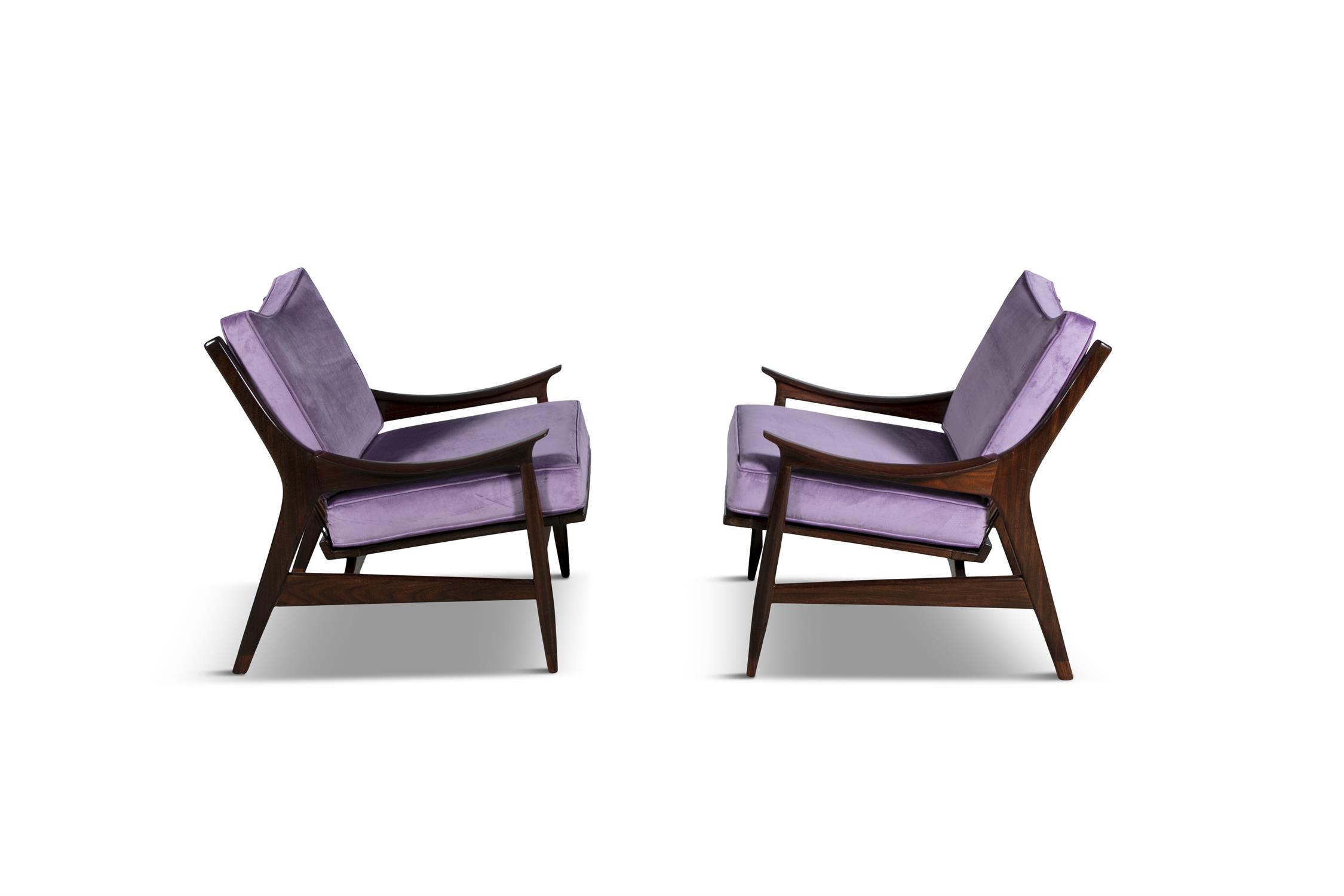 ARMCHAIRS A pair of rosewood armchairs, with loose purple velour seat and back, Italy c.1950. - Image 5 of 6