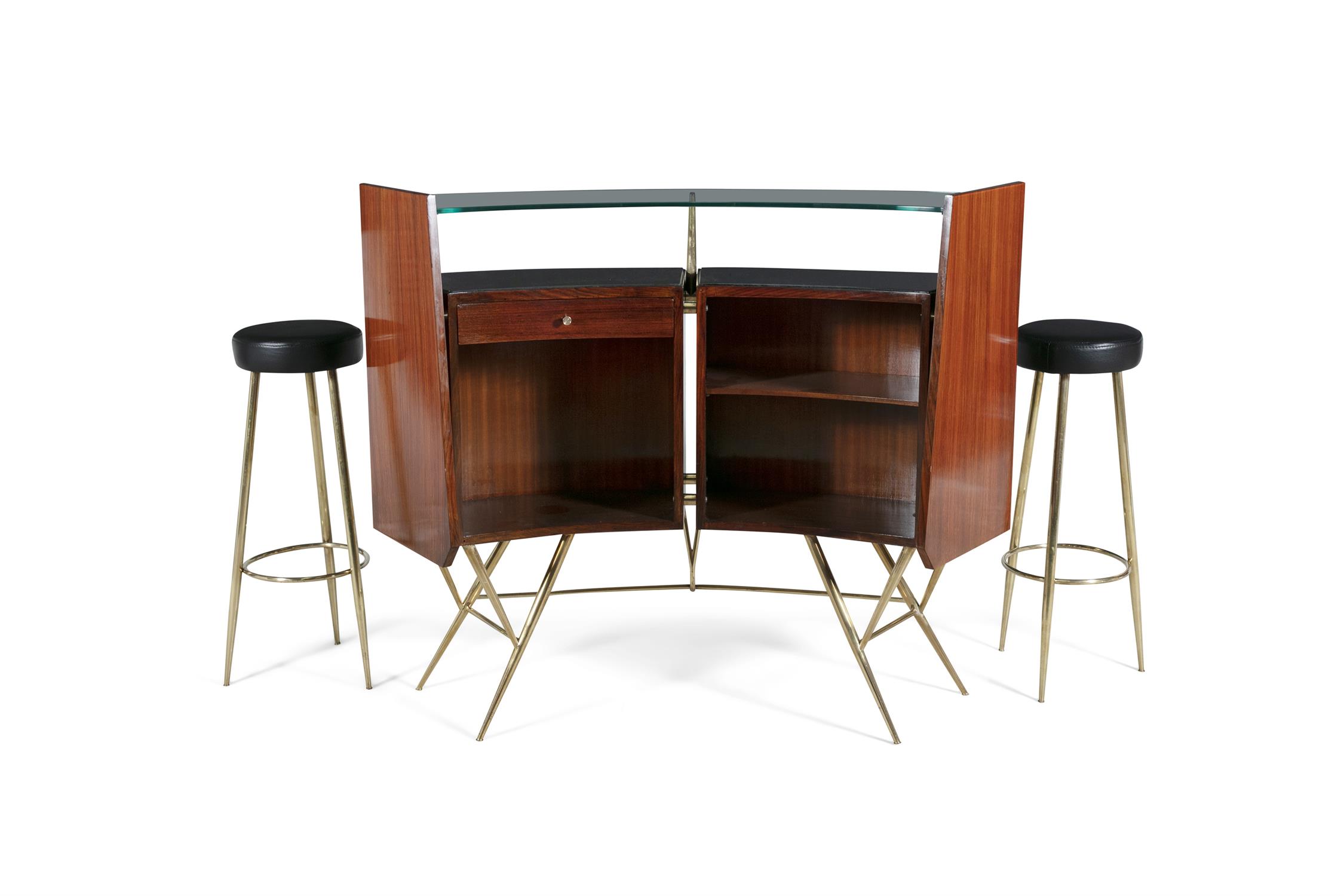 BAR SET A rosewood and brass bar set, complete with two stools and a curved glass top, Italy c. - Image 9 of 14