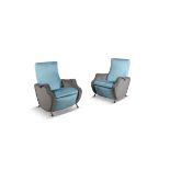 ARMCHAIRS A pair of reclining armchairs, in two tone velour upholstery, on brass feet, Italy c.