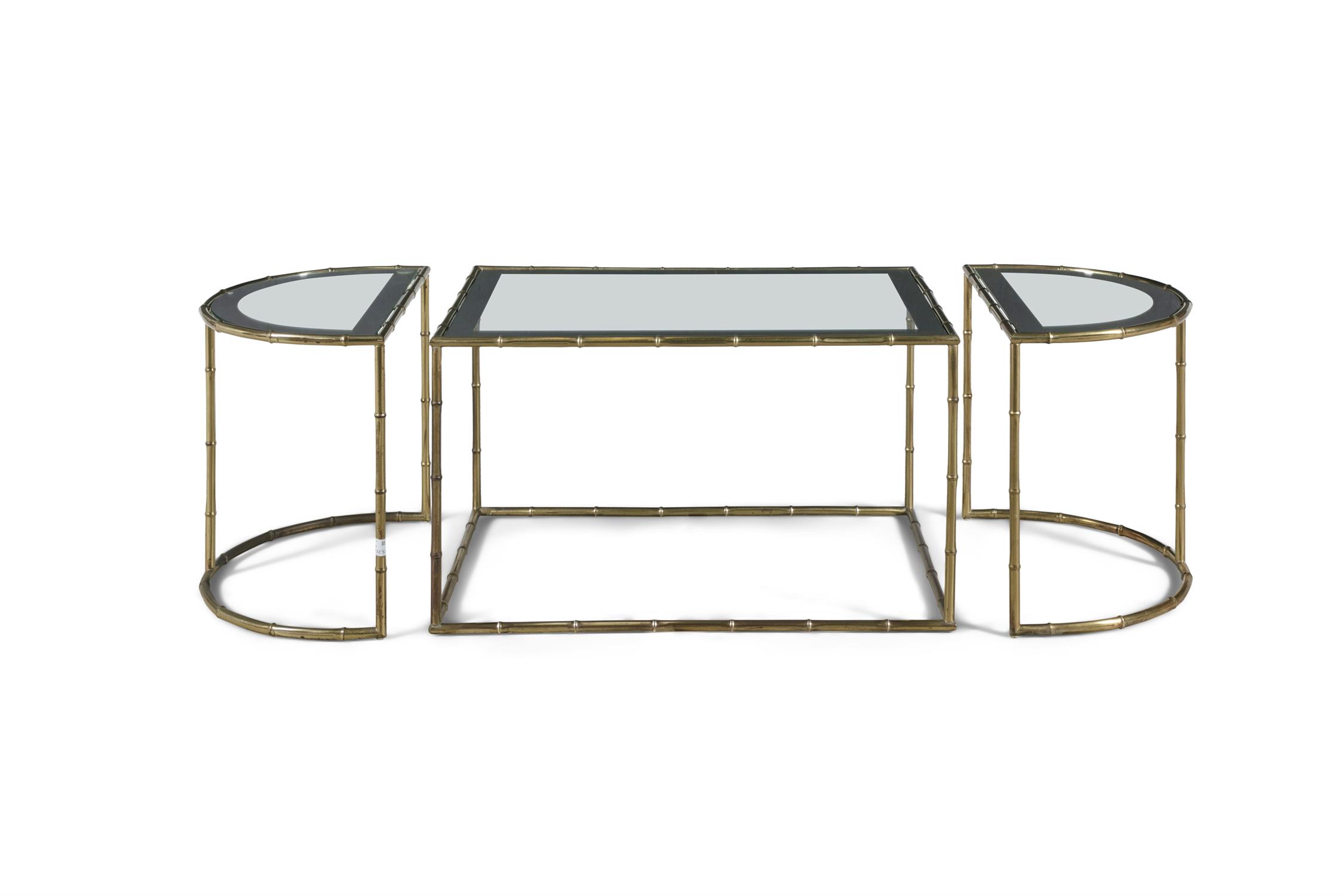 CHRISTOFLE A set of three brass coffee tables by Christofle, with glass tops, France c.1950s.