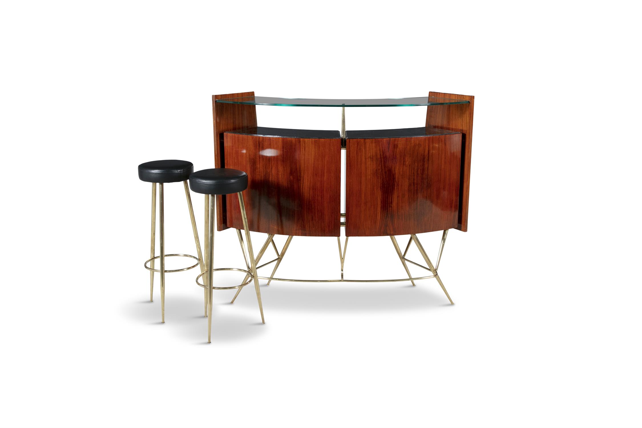 BAR SET A rosewood and brass bar set, complete with two stools and a curved glass top, Italy c. - Image 4 of 14