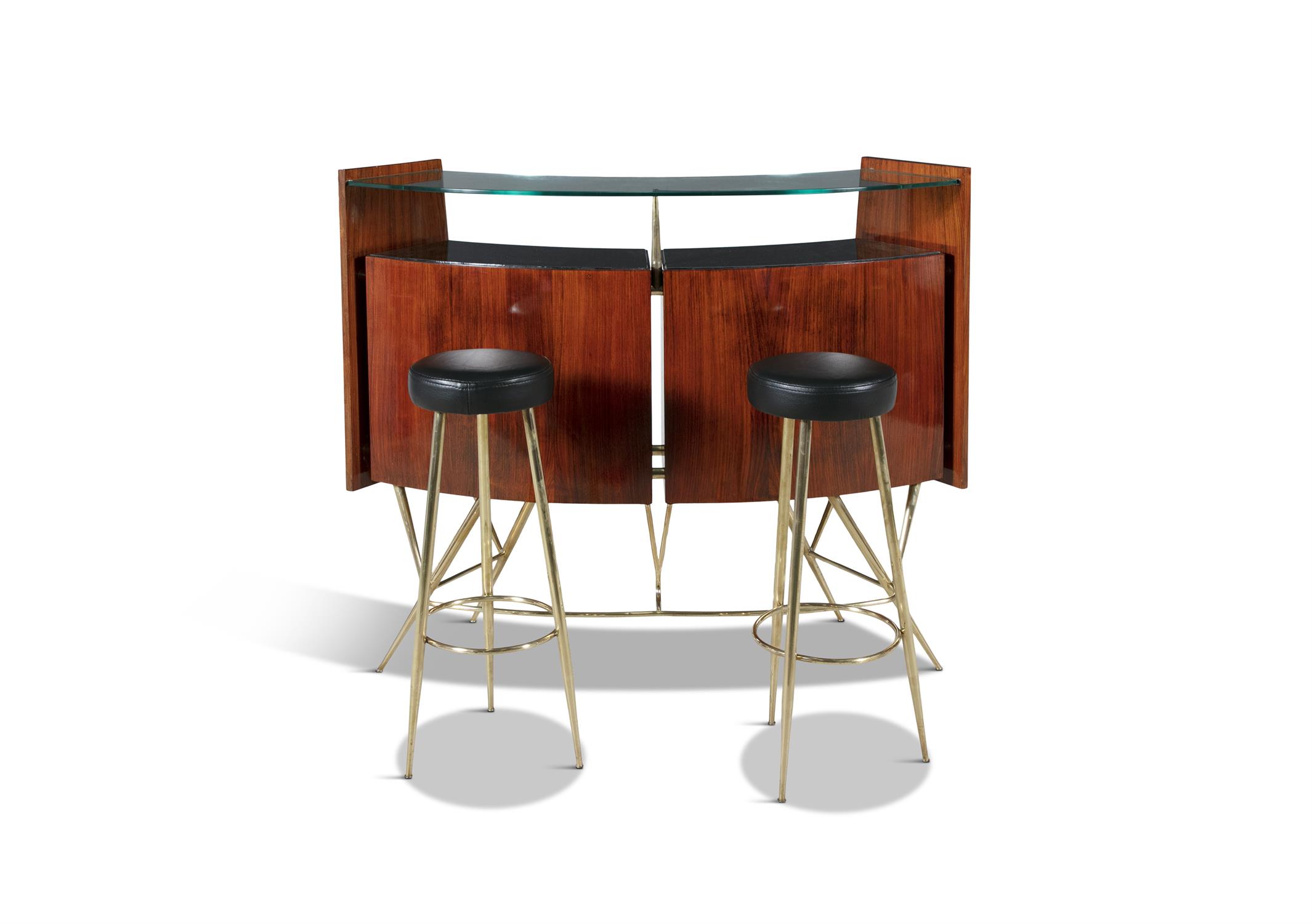 BAR SET A rosewood and brass bar set, complete with two stools and a curved glass top, Italy c. - Image 3 of 14
