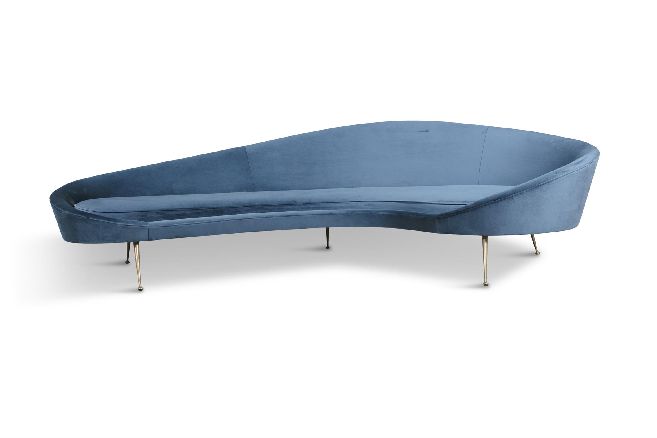 SOFA A kidney shaped sofa, in the style of Ico Parisi, on brass legs. 72 x 260 x 115cm