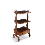 A EARLY VICTORIAN ROSEWOOD THREE TIER WHAT-NOT, with shaped rectangular platforms,