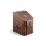 A GEORGE III INLAID MAHOGANY KNIFE BOX, the sloped hinged lid decorated with an inlaid shell motif,