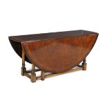 A LARGE BURR WALNUT DOUBLE DROP LEAF TABLE, 20th century, extending to circular form,