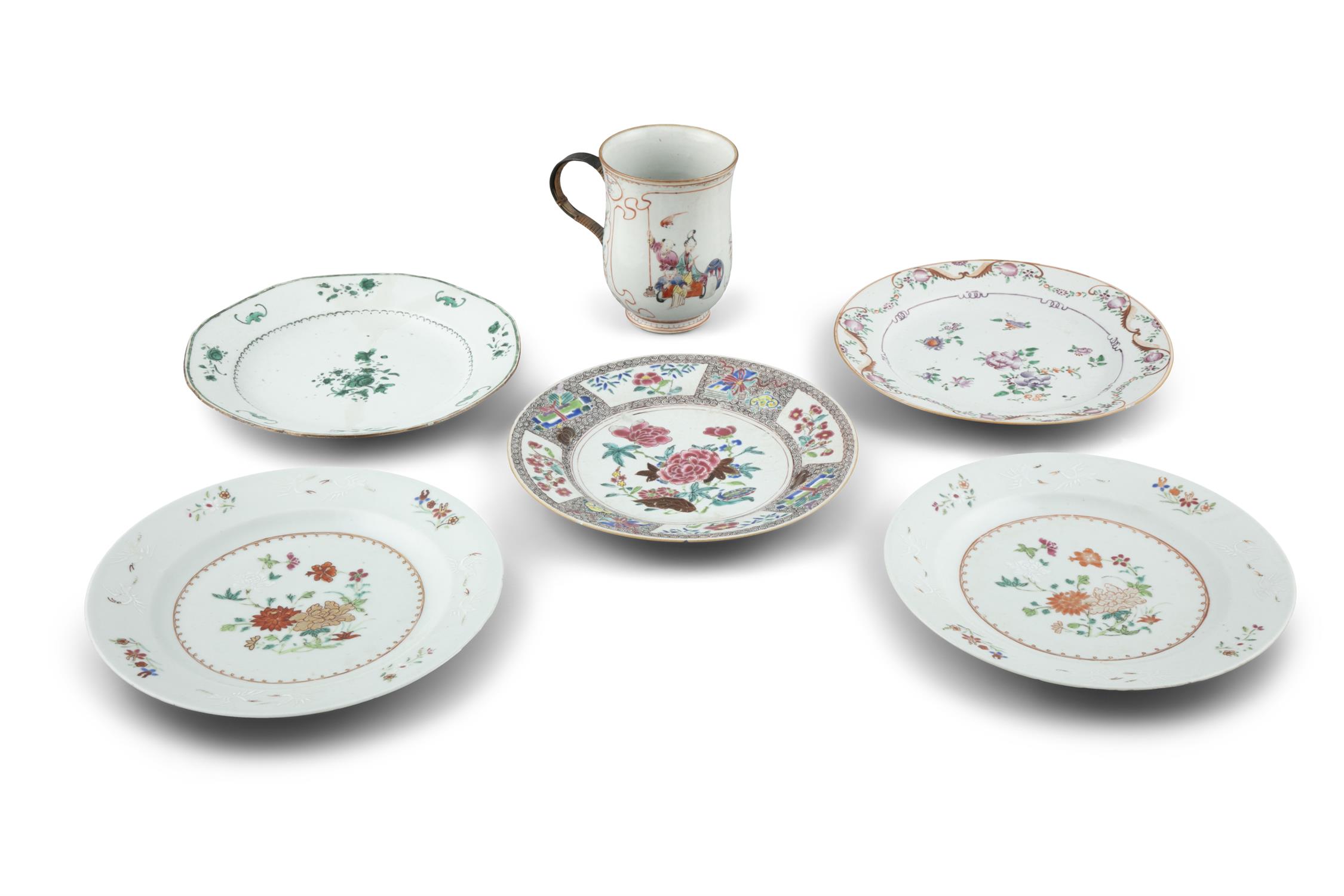 A GROUP OF SIX (6) MOSTLY FAMILLE ROSE PALETTE CHINESE EXPORT PORCELAINS China, Qing Dynasty, 18th - Image 2 of 10