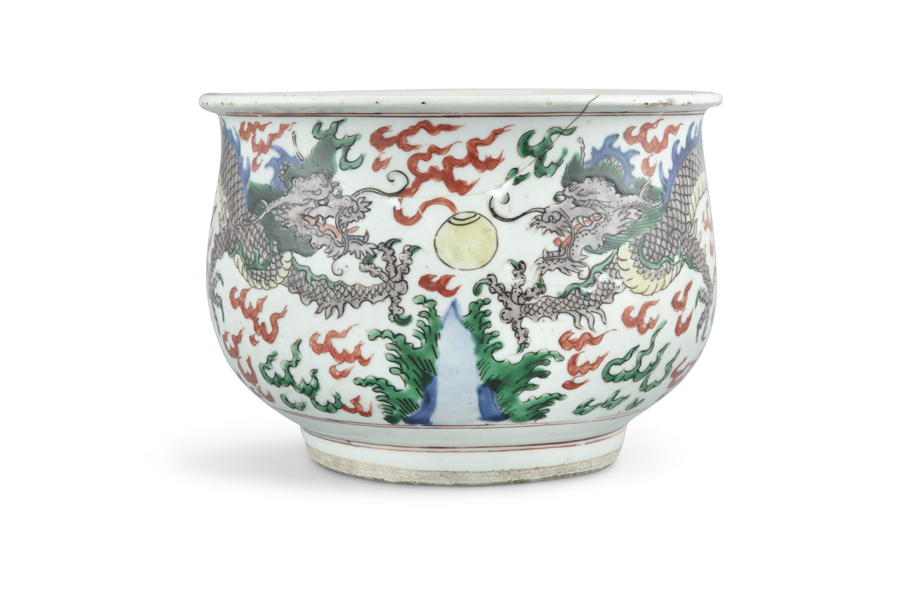 A WUCAI 'DRAGONS' PORCELAIN BOWL China, Qing Dynasty Richly adorned in a five colour palette with t