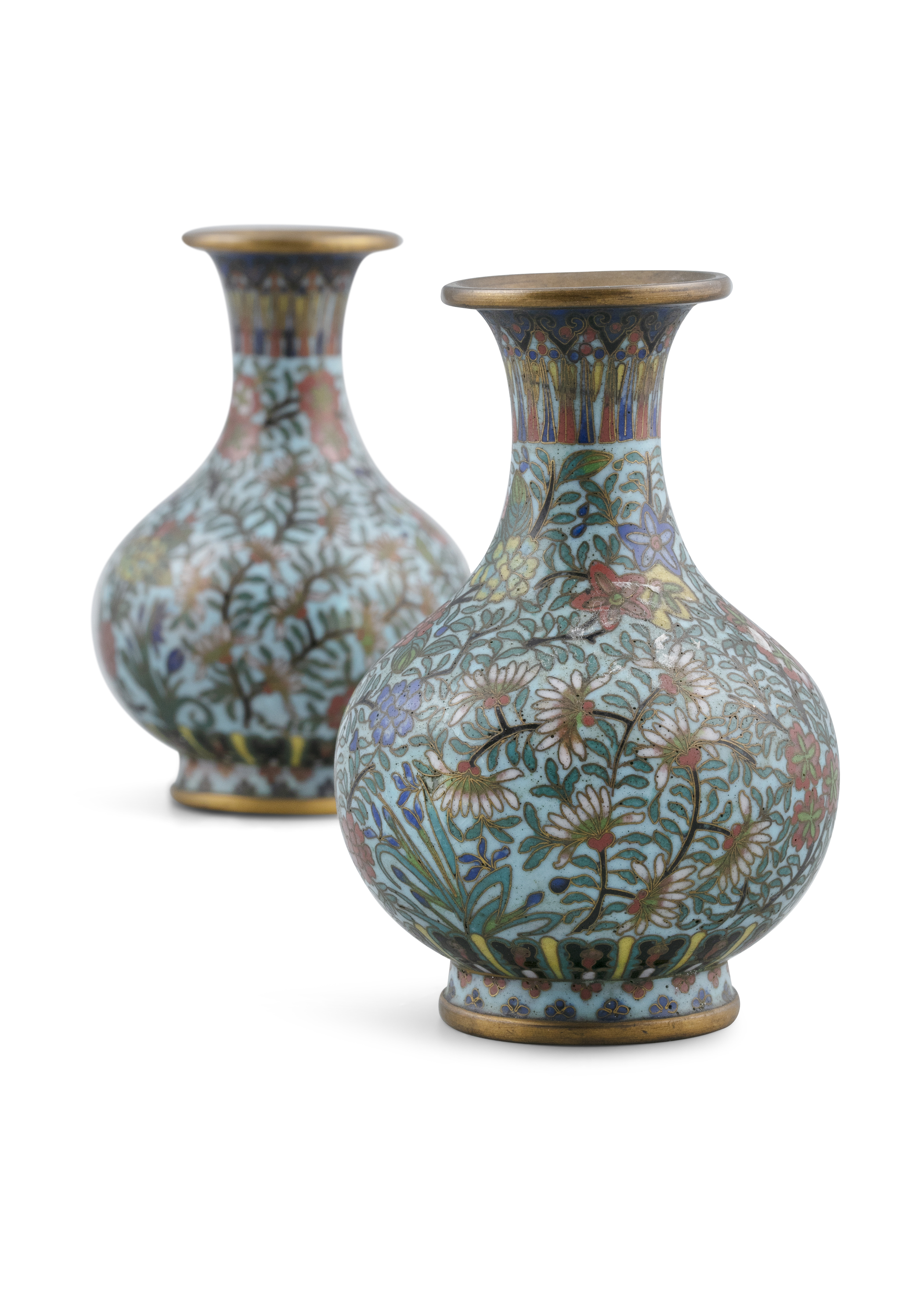 A NEAR PAIR OF MINIATURE CLOISONNE 'LOTUS' VASE China, Circa 1900 To be linked with the works from