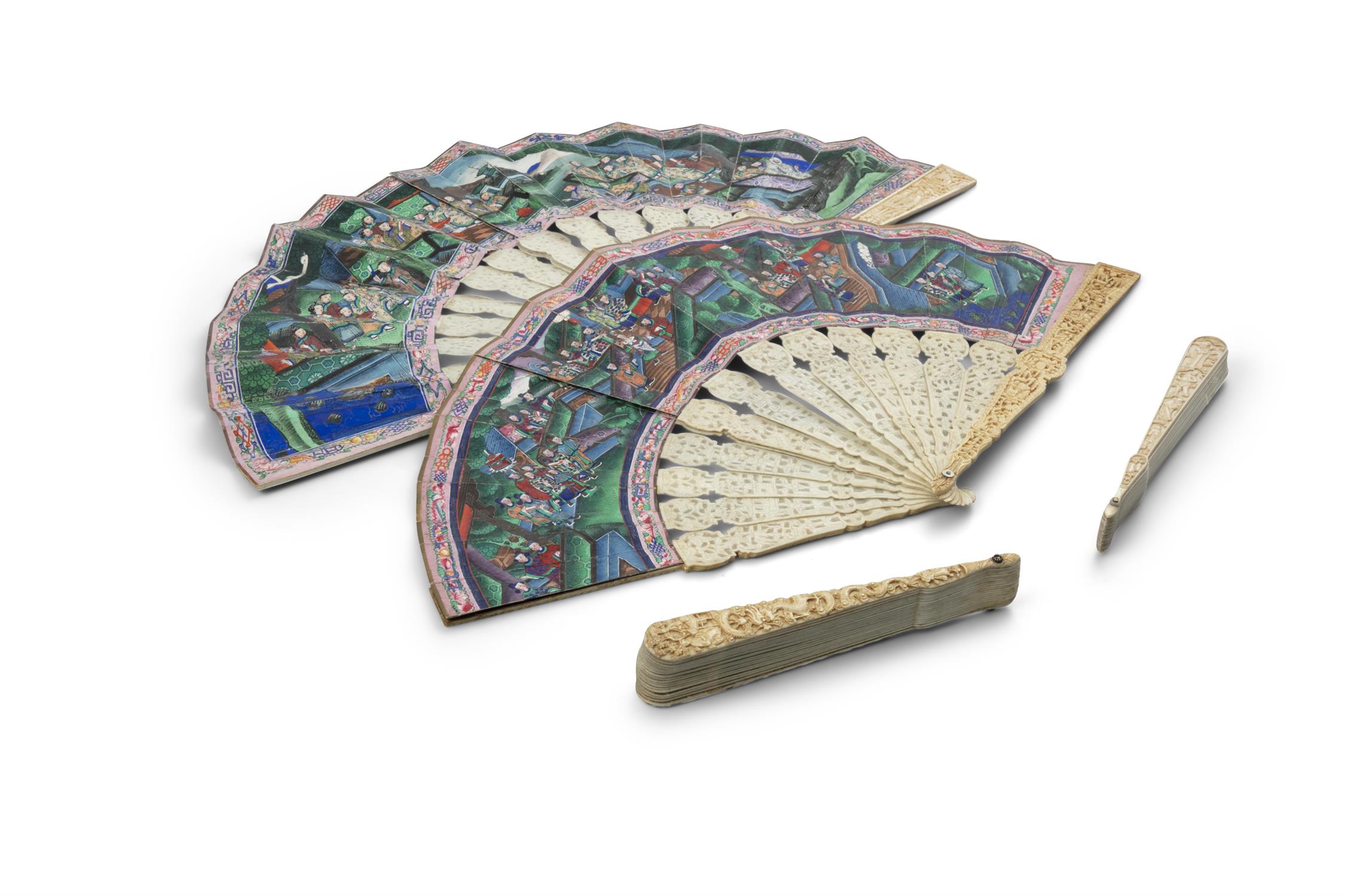 * A GROUP OF FOUR (4) FOLDING FANS China, Qing Dynasty, 19th century Two of them ivory mounted and - Image 16 of 20