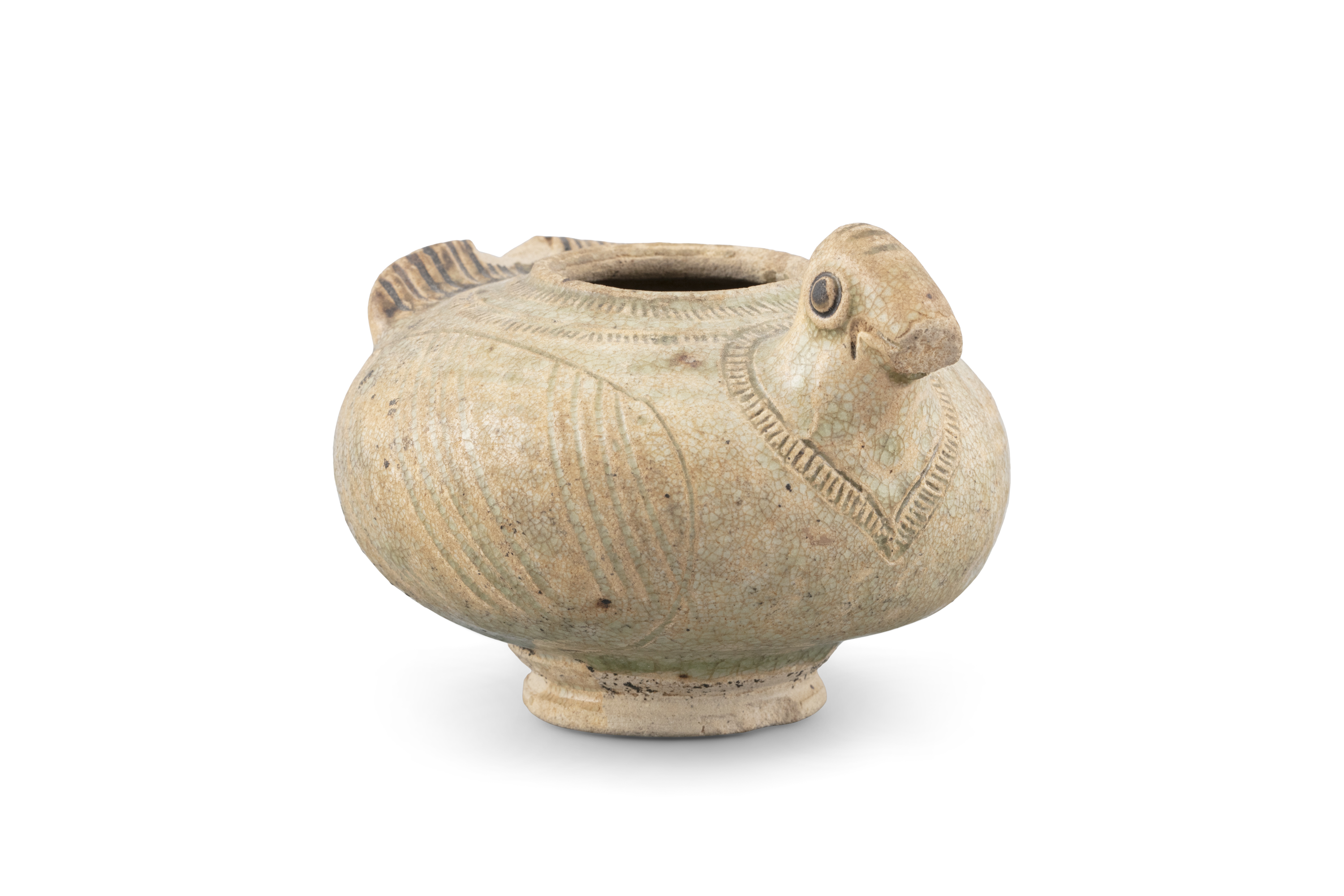 AN OLIVE-GLAZED TERRACOTTA ZOOMORPHIC WATER POT China, Possibly a proto-porcelain circa 10th-12th - Image 2 of 7