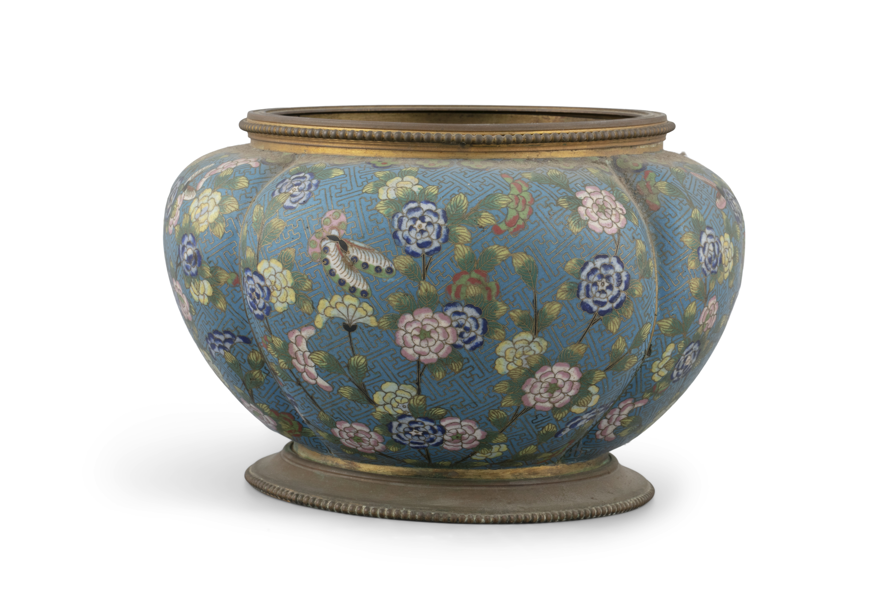 A QUATREFOIL 'FLOWERS AND BUTTERFLIES' CLOISONNE JARDINIERE China, Qing Dynasty, 19th century H: