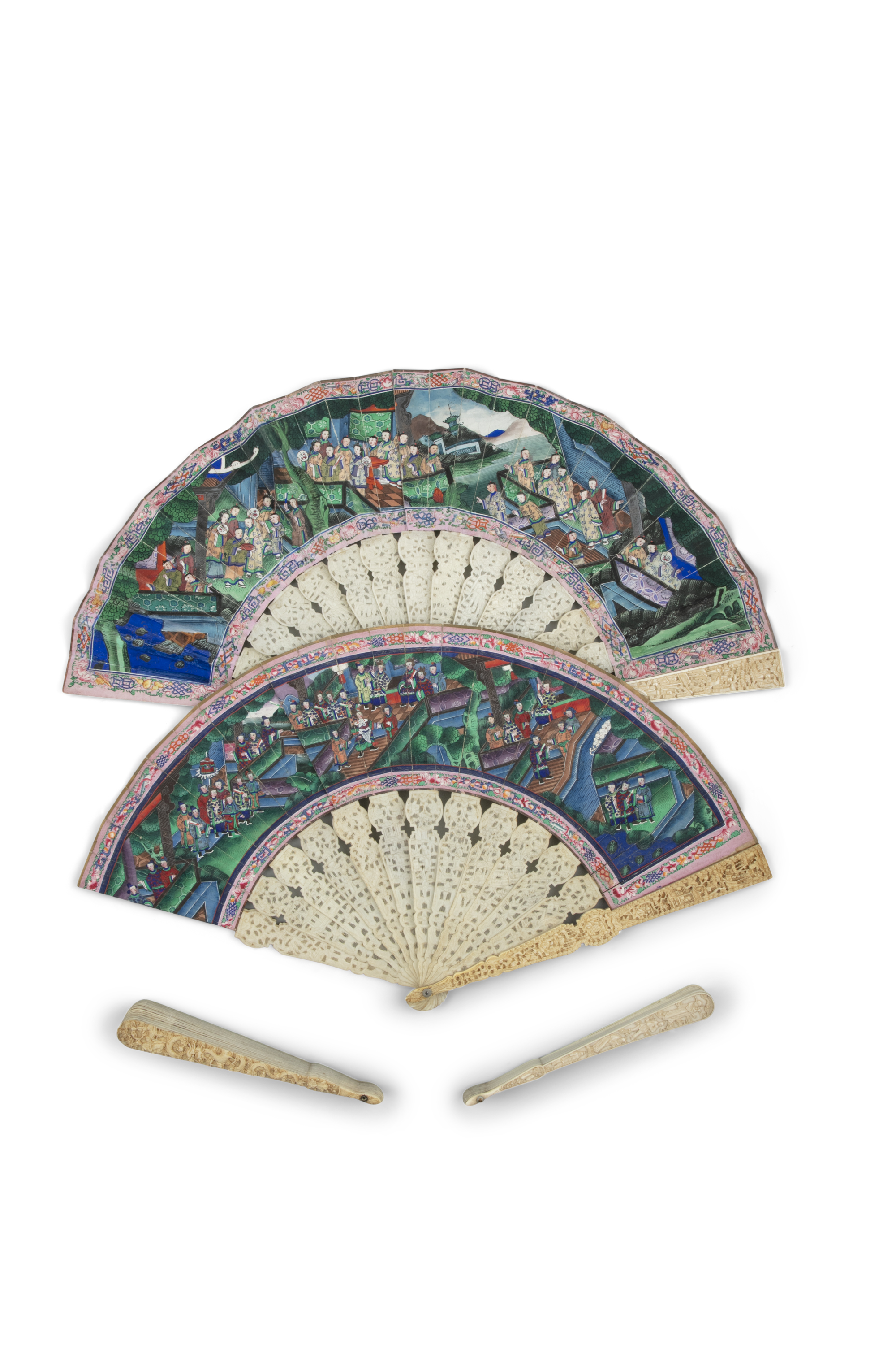 * A GROUP OF FOUR (4) FOLDING FANS China, Qing Dynasty, 19th century Two of them ivory mounted and