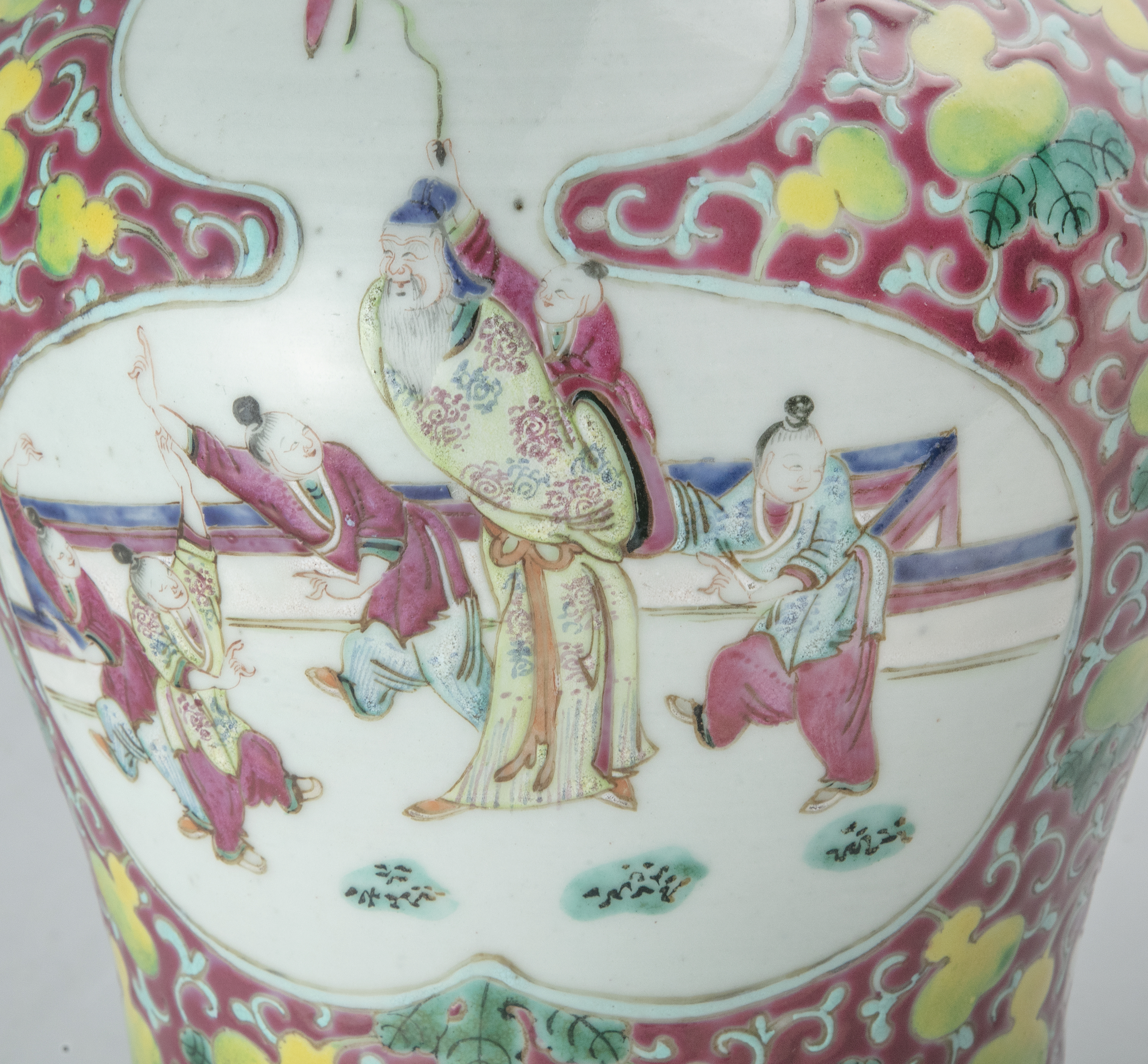 A PAIR OF FAMILLE ROSE 'TEN-THOUSANDS BOYS' TRUMPET-SHAPED PORCELAIN VASES, YENYEN China, Qing - Image 4 of 15