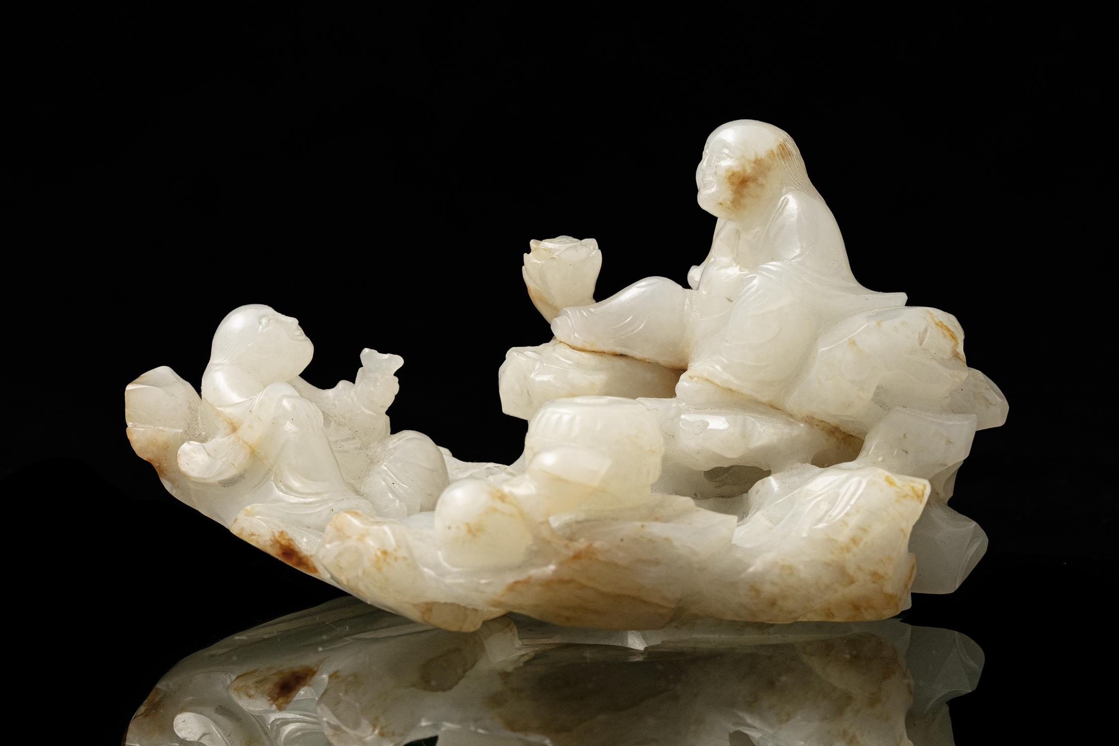 A RUSSET AND WHITE JADE GROUP OF HEHE / ERXIAN 和合二仙 China, Qing Dynasty Carved in the round out of a - Image 6 of 9
