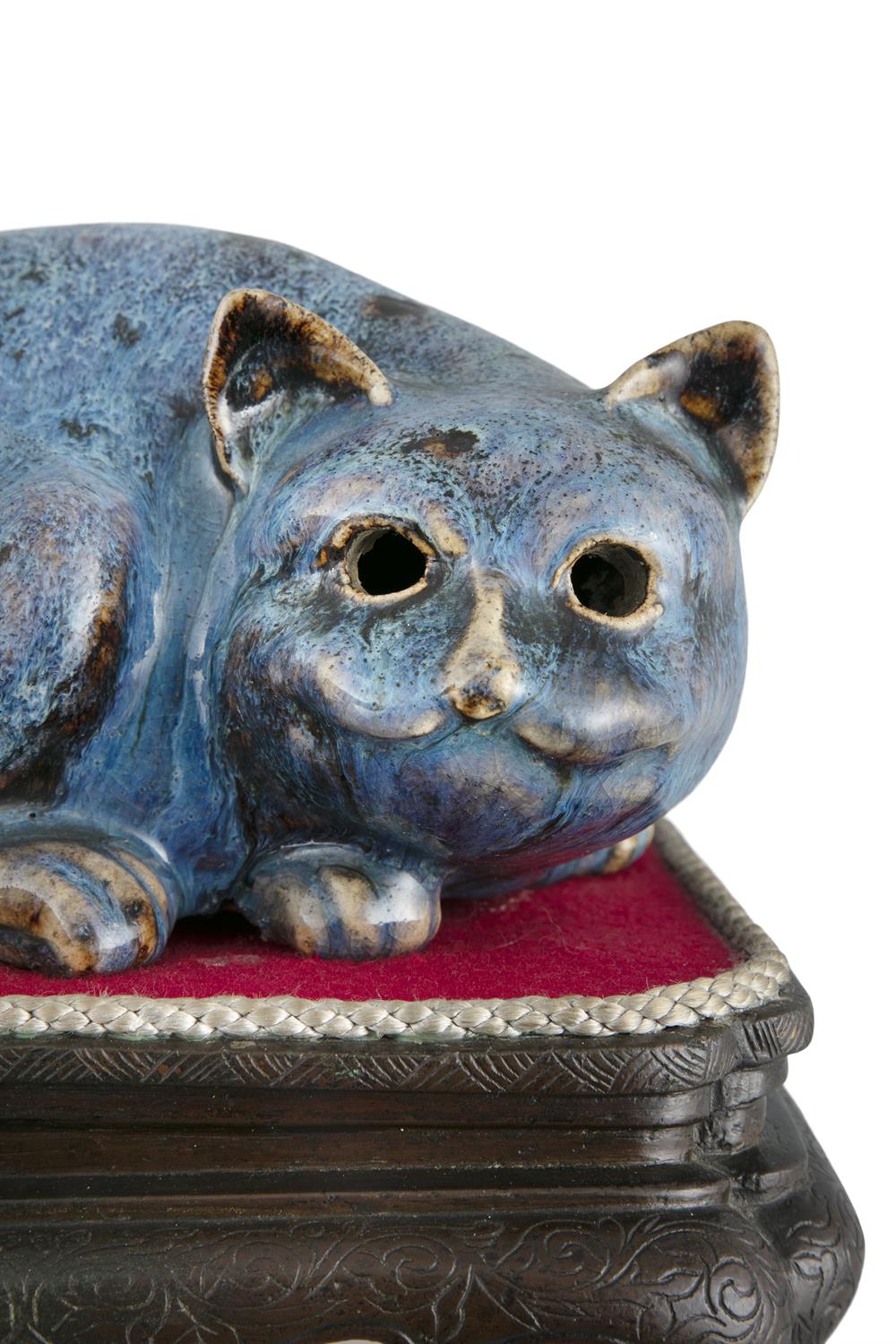A ROBIN EGG PORCELAIN CAT NIGHT LIGHT China, Qing Dynasty Molded as a crouching cat, with a hole - Image 4 of 7