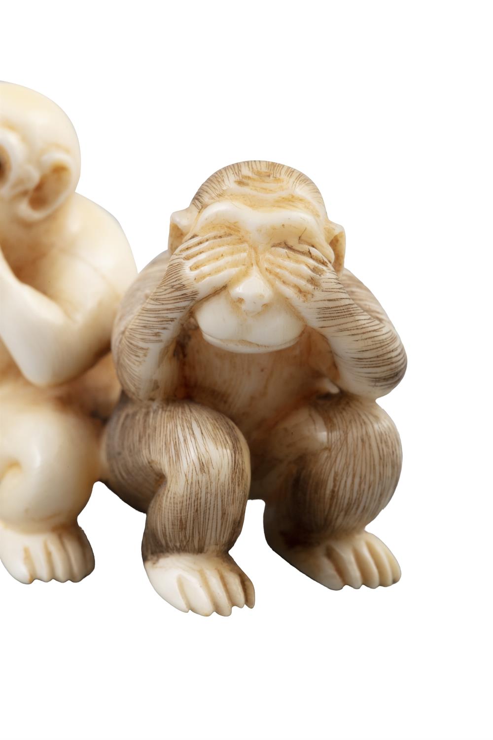 *SHOZAN / MATSUYAMA 松山: AN IVORY 'THREE WISE MONKEYS' KATABORI NETSUKE Japan, 19th century Pierced - Image 7 of 10