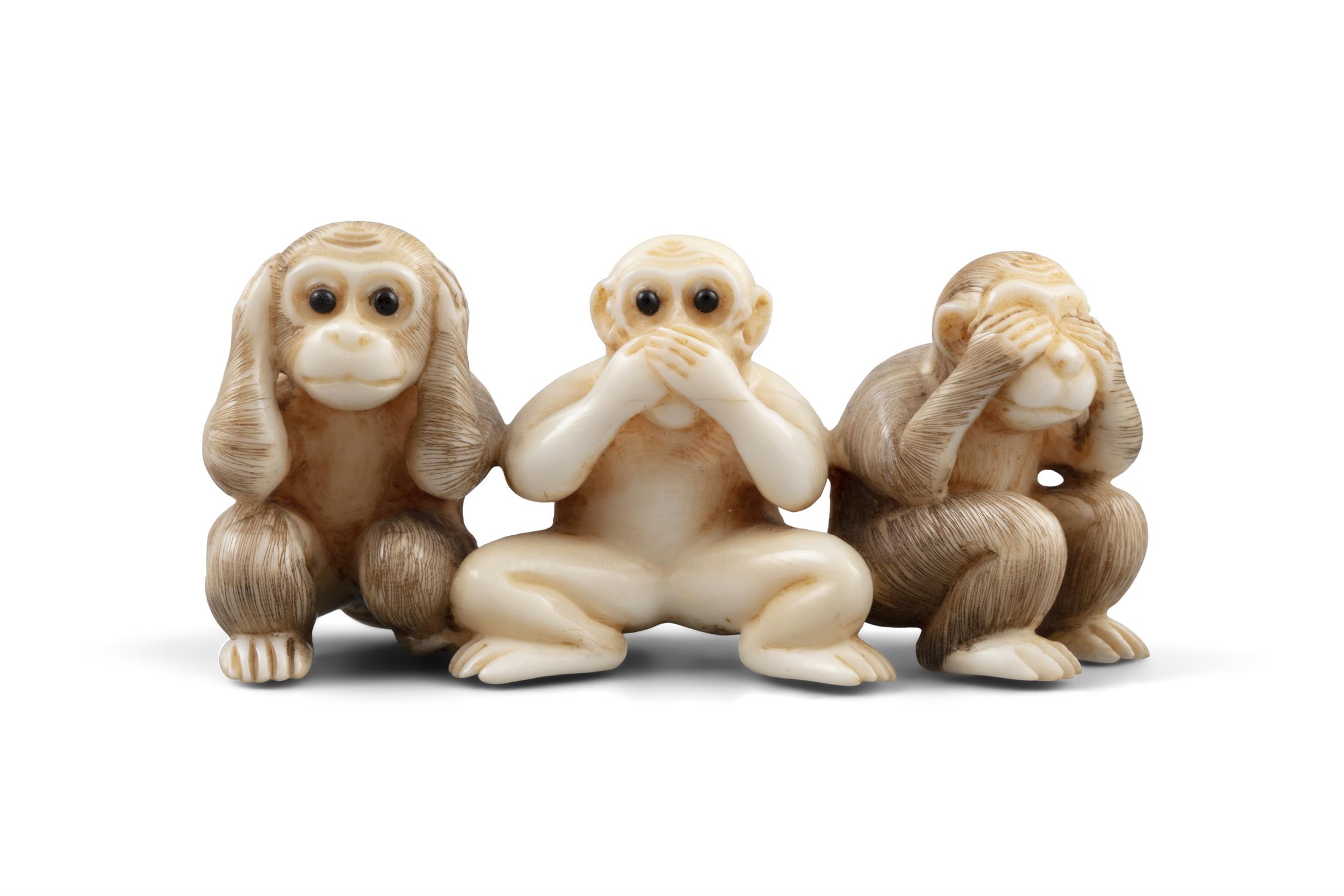 *SHOZAN / MATSUYAMA 松山: AN IVORY 'THREE WISE MONKEYS' KATABORI NETSUKE Japan, 19th century Pierced - Image 6 of 10