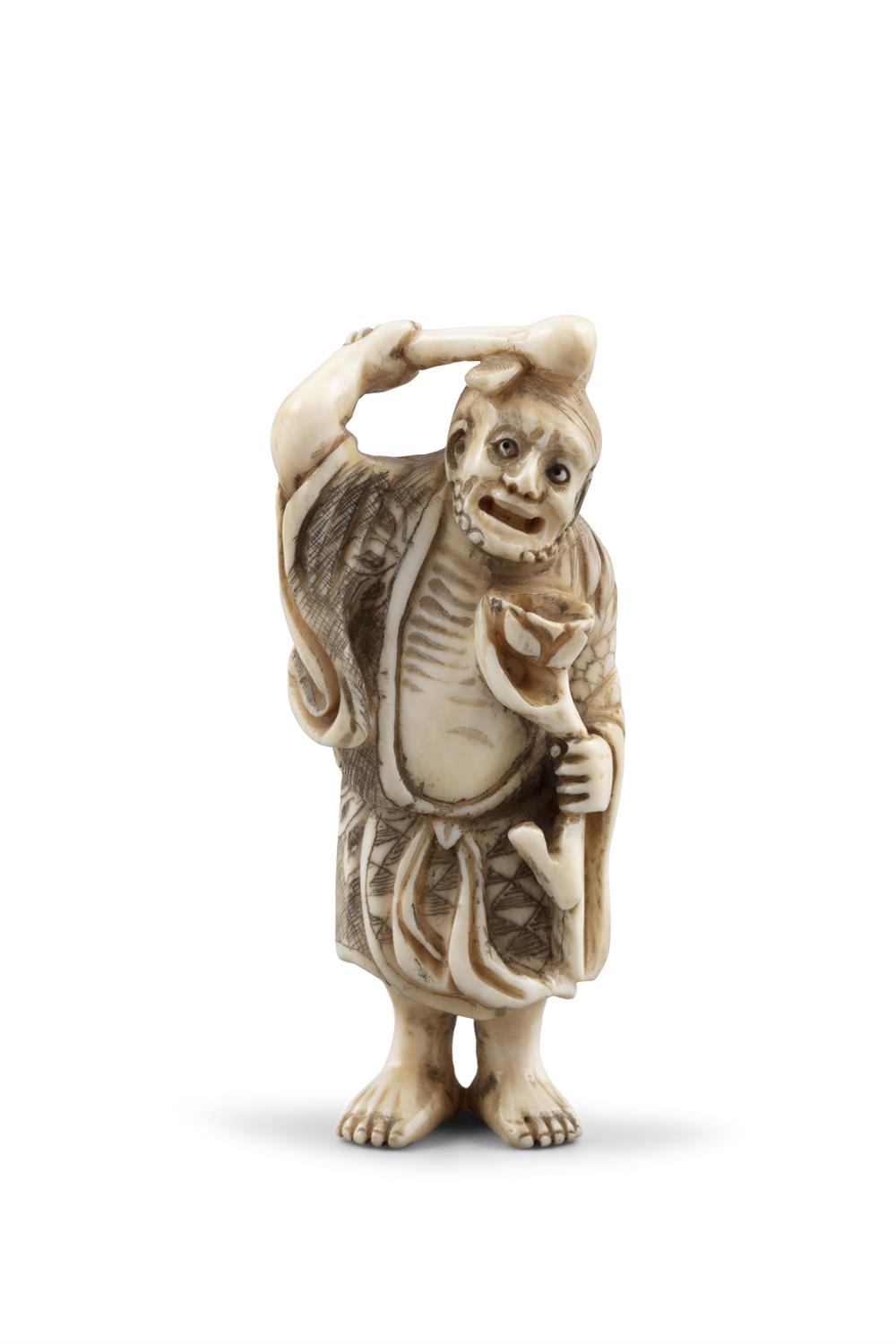 *TAKENOBU 武信 - AN IVORY 'ONI' KATABORI NETSUKE Japan, 19th century Pierced with two himotoshi. - Image 6 of 10