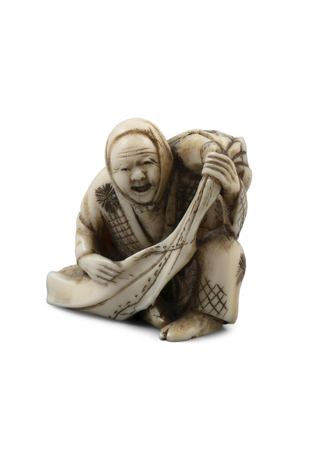 *HOSHUNSAI MASAYUKI 正之: AN IVORY 'MAN WITH A POUCH' KATABORI NETSUKE Asakusa, Edo, Late 19th century - Image 7 of 10