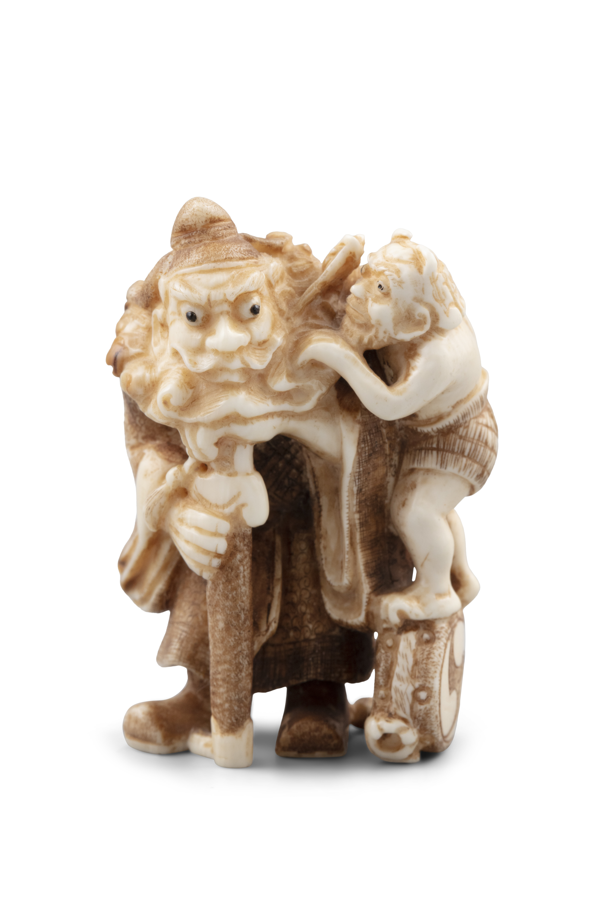 *GYOKUSHO / GYOKUSHOU 玉昇 - AN IVORY 'SHOKI AND ONI' KATABORI NETSUKE Japan, 19th century Pierced