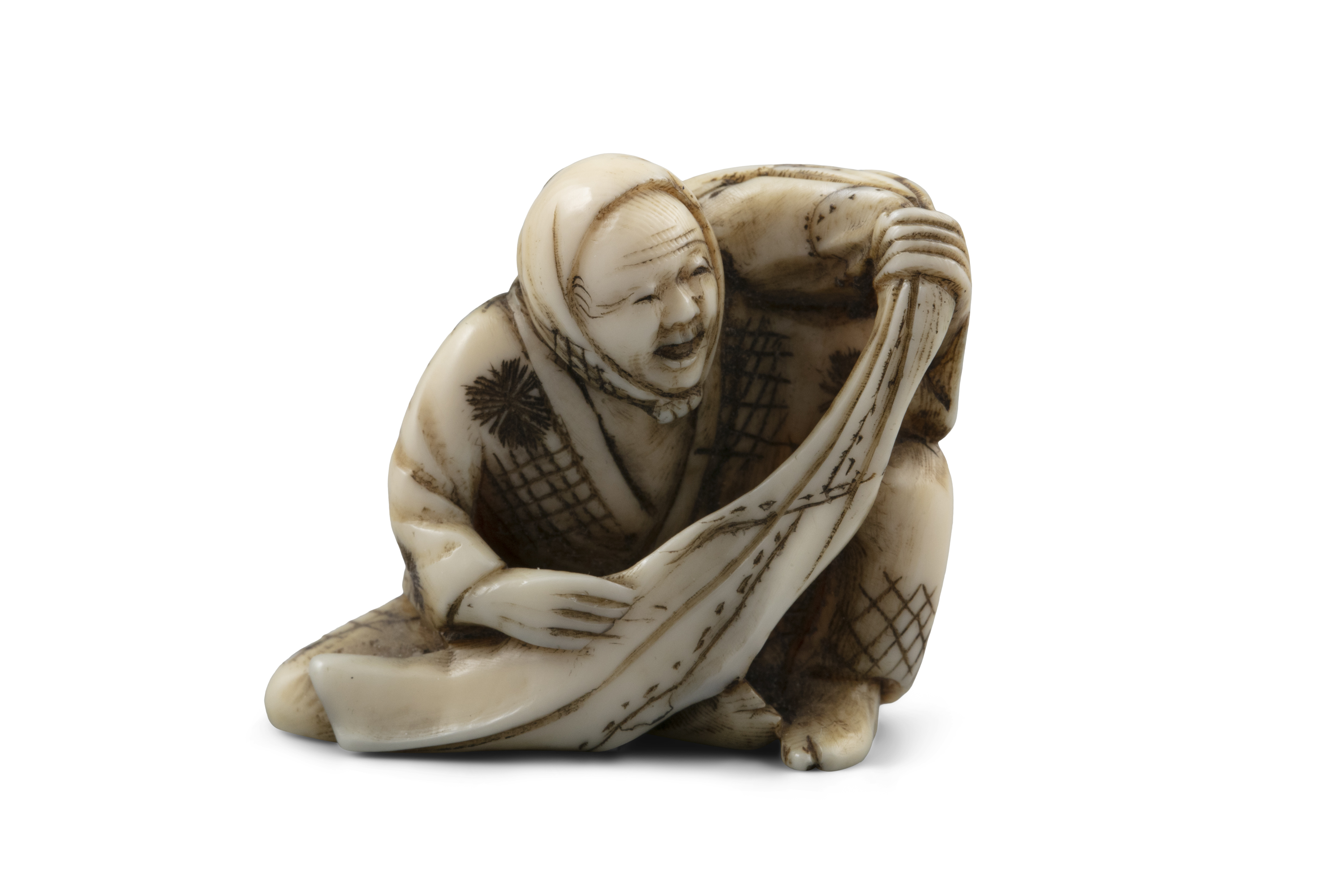 *HOSHUNSAI MASAYUKI 正之: AN IVORY 'MAN WITH A POUCH' KATABORI NETSUKE Asakusa, Edo, Late 19th century