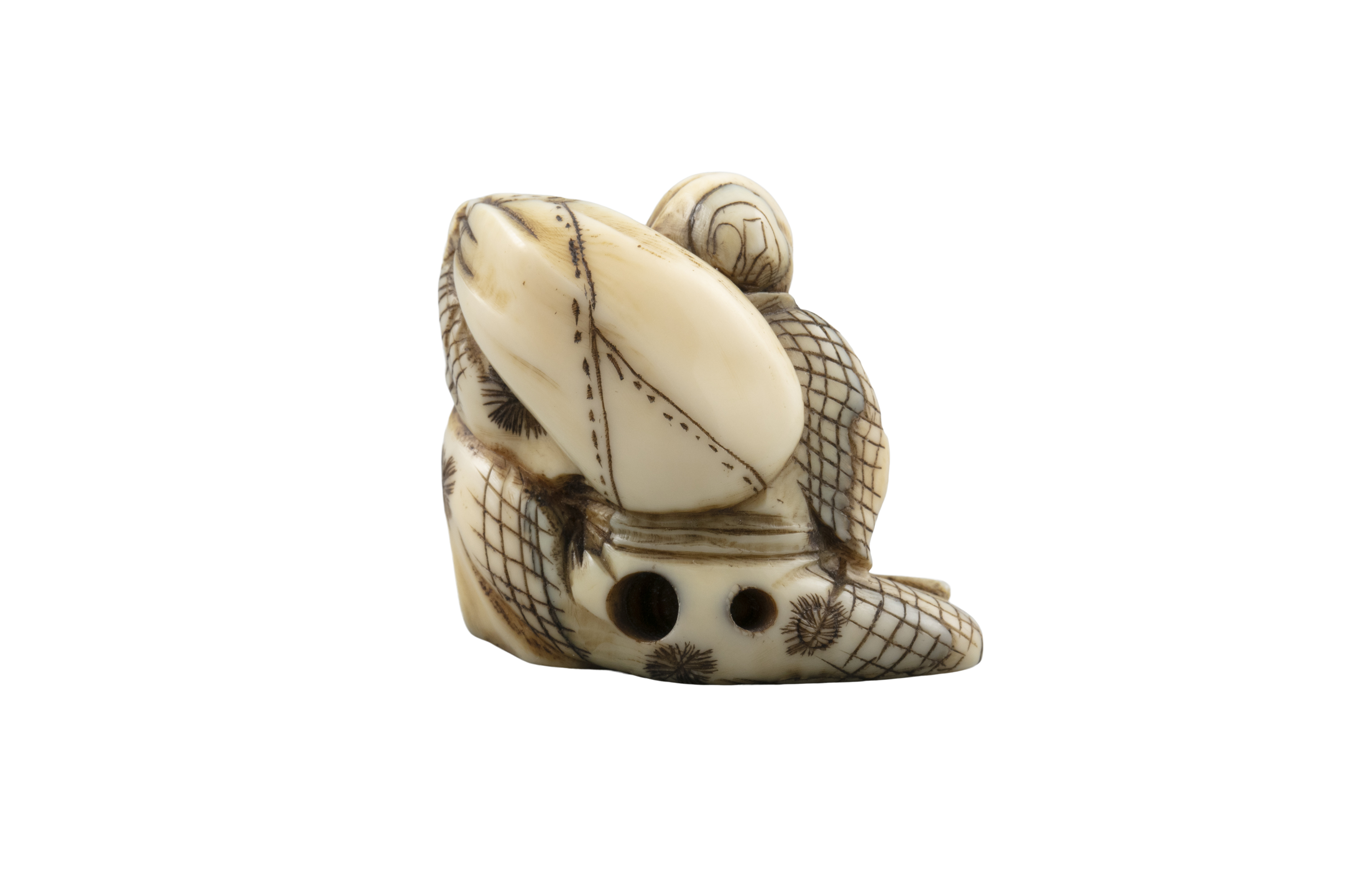 *HOSHUNSAI MASAYUKI 正之: AN IVORY 'MAN WITH A POUCH' KATABORI NETSUKE Asakusa, Edo, Late 19th century - Image 3 of 10