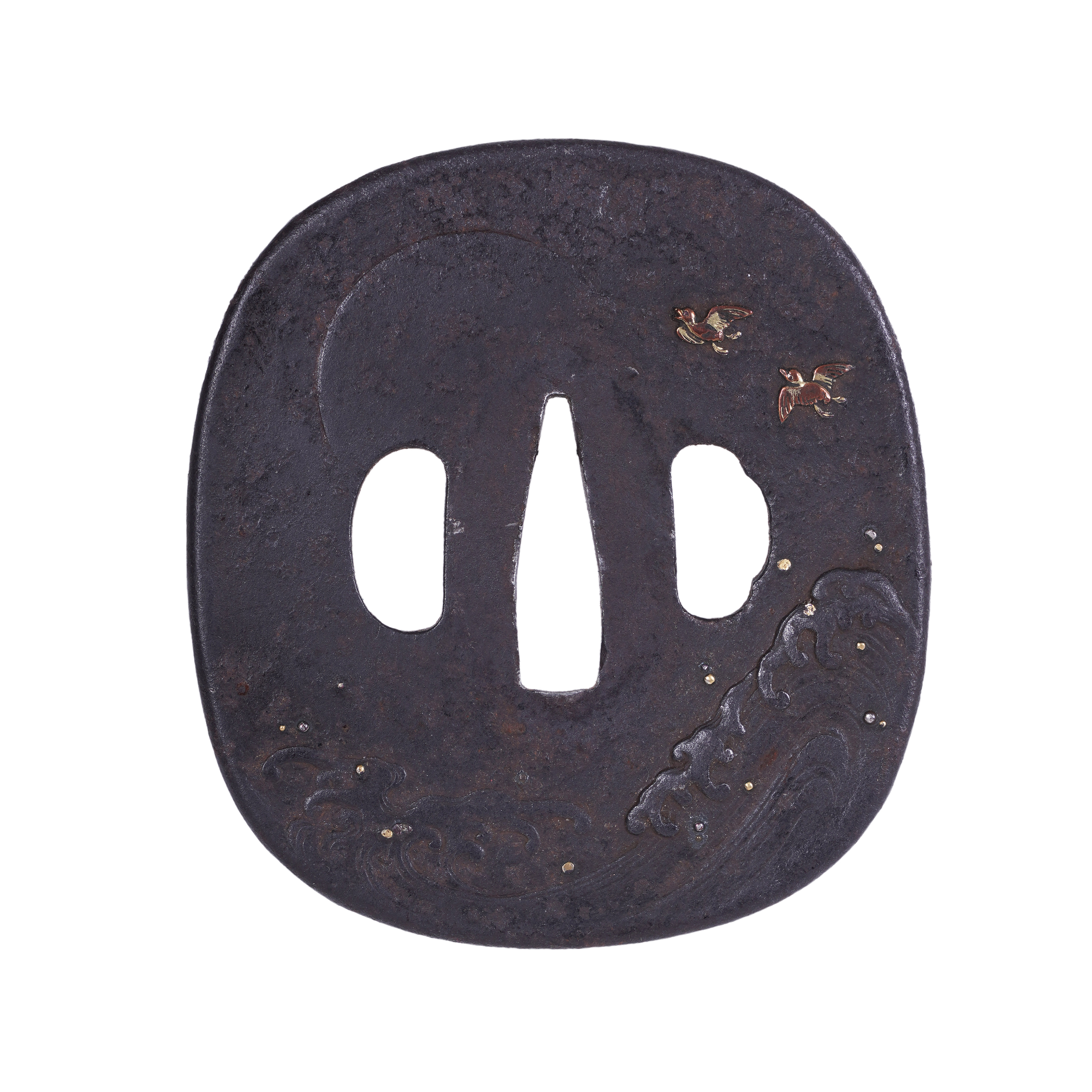 A WROUGHT IRON NAGE GAKU HOKEI TSUBA Japan, Edo period, 18th century Worked in maru bori zogan in