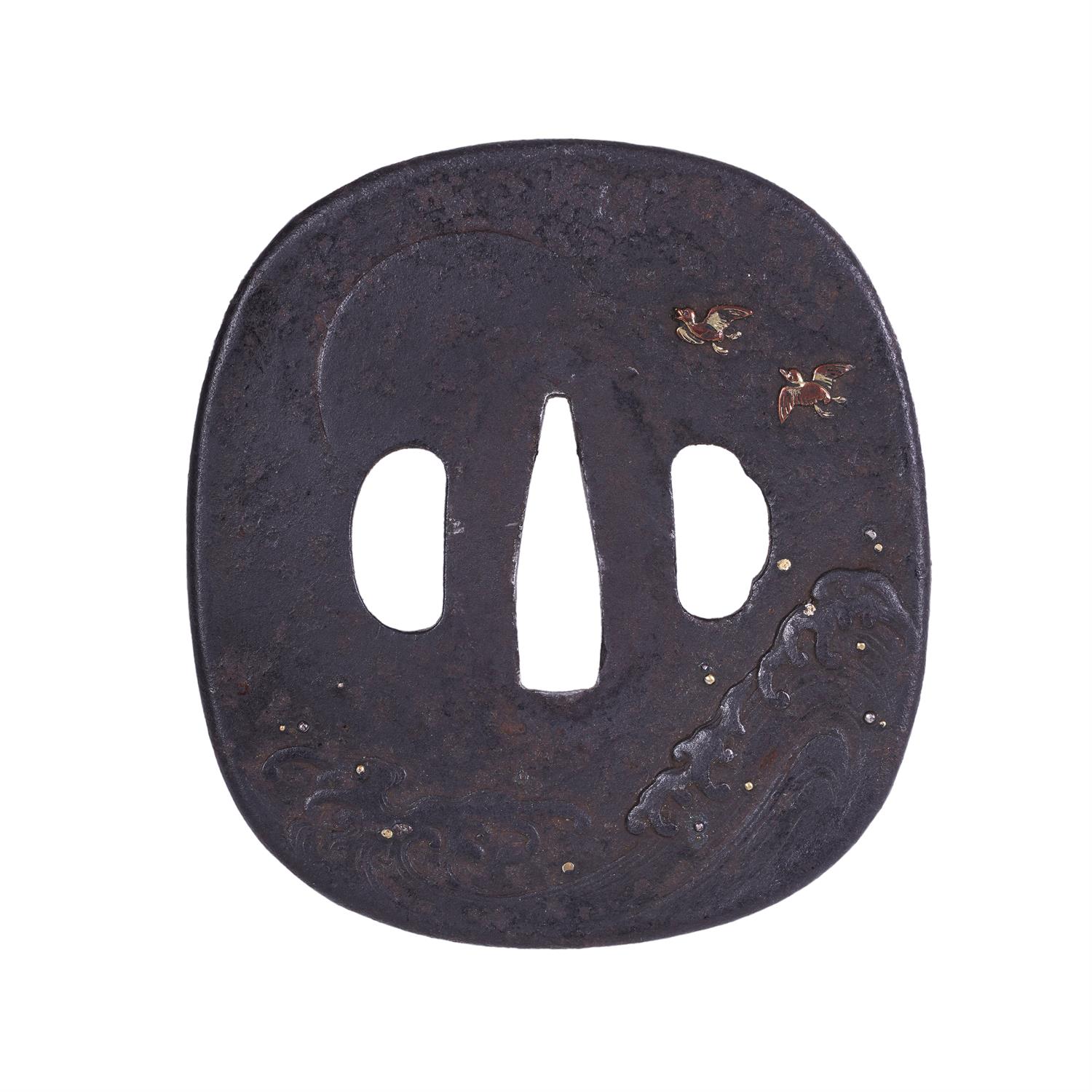 A WROUGHT IRON NAGE GAKU HOKEI TSUBA Japan, Edo period, 18th century Worked in maru bori zogan in - Image 2 of 2