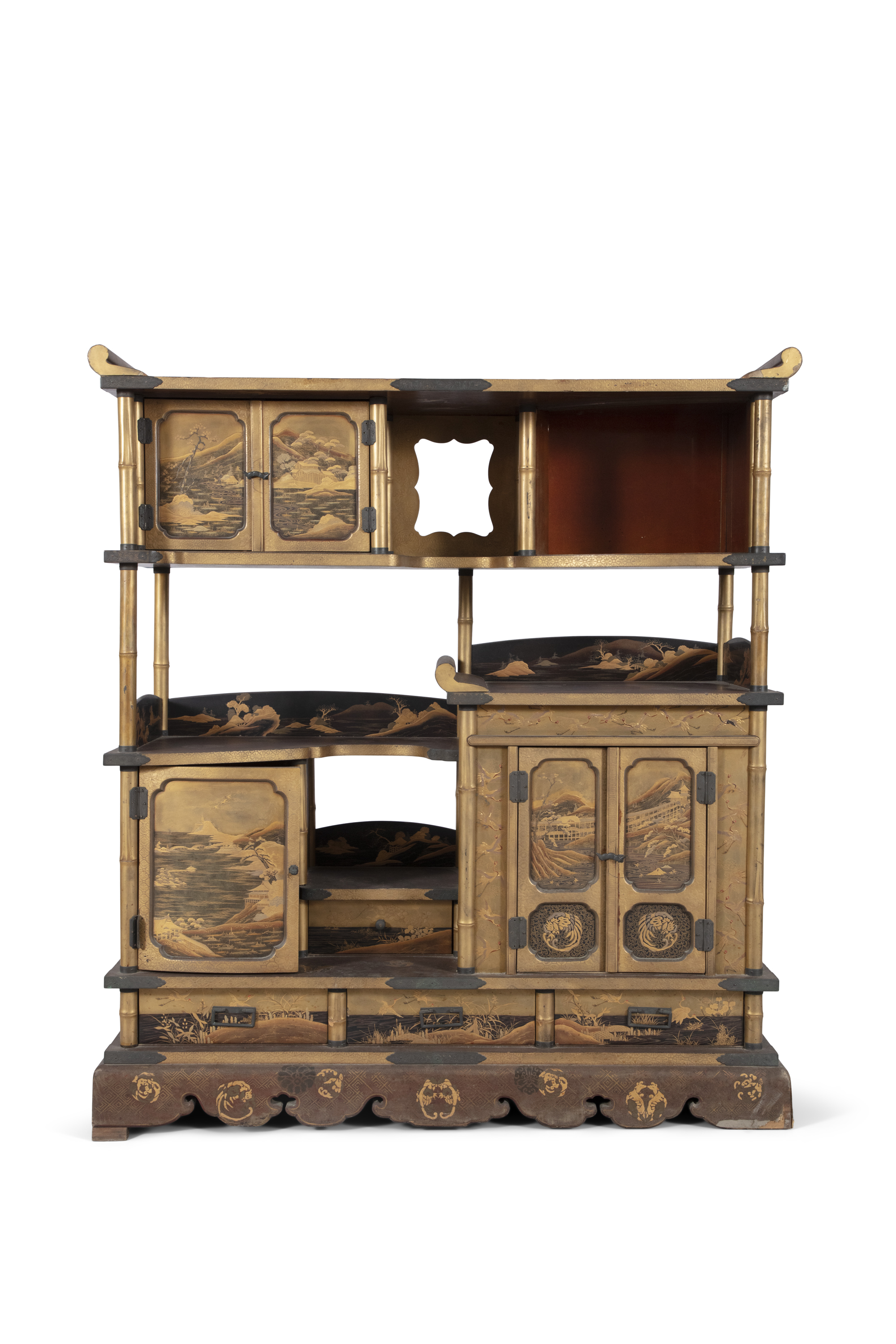 A MAKI-E LACQUERED 'MOUNT FUJI' CABINET WITH SHELVES, SHODANA Japan, Meiji period With bamboo-shaped