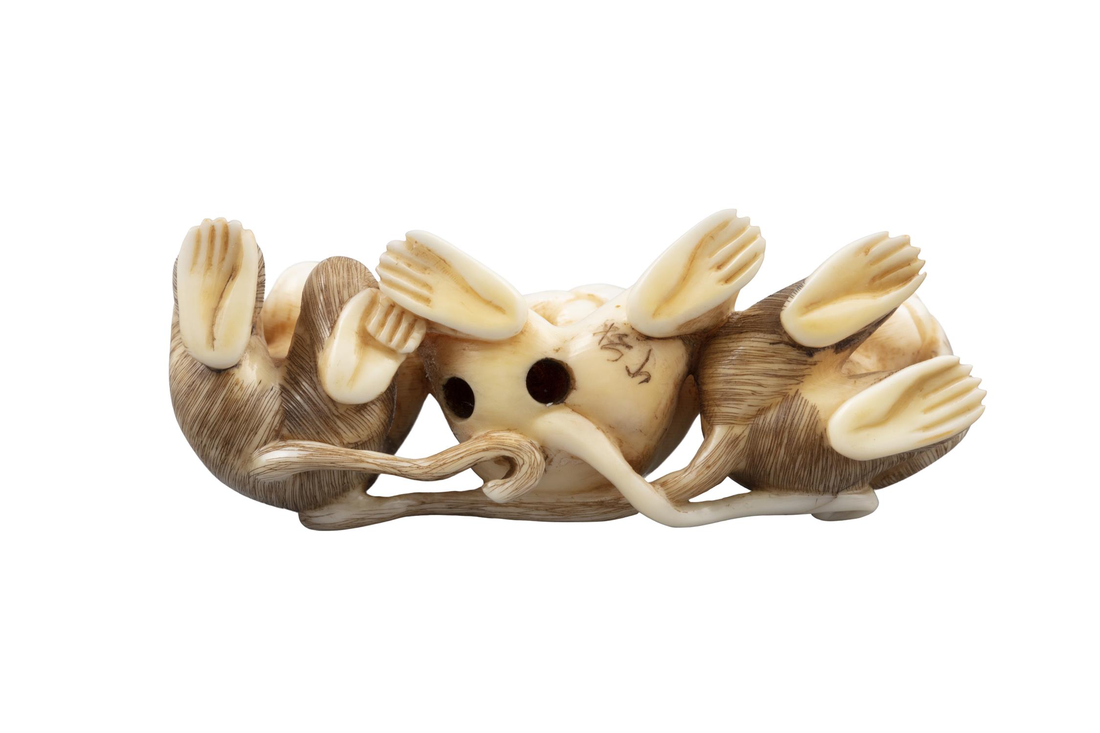 *SHOZAN / MATSUYAMA 松山: AN IVORY 'THREE WISE MONKEYS' KATABORI NETSUKE Japan, 19th century Pierced - Image 10 of 10