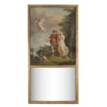 A 19TH CENTURY GILTWOOD FRAMED RECTANGULAR TRUMEAU MIRROR, the upper panel with painted mythological