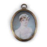 ENGLISH SCHOOL (19TH CENTURY) Miniature Portrait of a Lady in a White Dress Oval, watercolour, 6.5 x