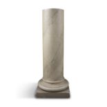 A PAIR OF FAUX MARBLE CIRCULAR COLUMNS, one raised on square platform base. 108cm high