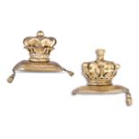 A PAIR OR CARVED GILTWOOD CORONETS, on pillow bases with tassels (incomplete). c.16cm high