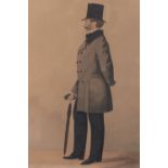 VICTORIAN SCHOOL Full Length Portrait of a Gentleman Wearing a Top Hat Watercolour, 26 x 17cm