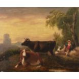 ENGLISH SCHOOL (EARLY 19TH CENTURY) Landscape with Two Cattle and a Figure and Dog Resting Oil on