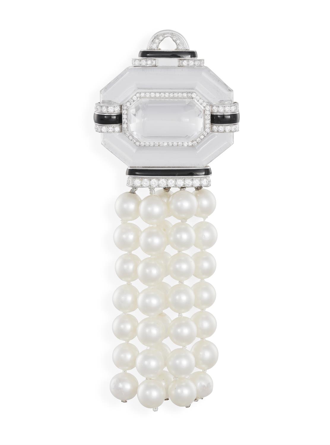 A ROCK CRYSTAL, ONYX, DIAMOND AND CULTURED PEARL PENDANT/BROOCH, BY DAVID WEBB The rock crystal