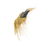THE PRIVATE PROPERTY OF A NOBLE ITALIAN LADY A RARE HAWK'S EYE AND DIAMOND BIRD BROOCH,