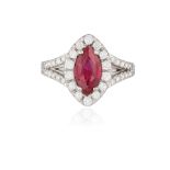 A RUBY AND DIAMOND DRESS RING The central marquise-shaped ruby weighing 1.00ct,